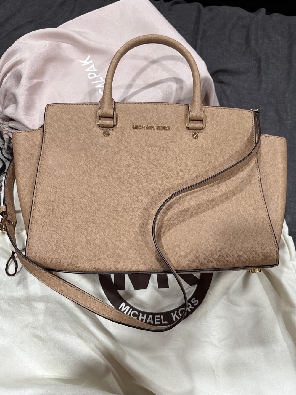 Michael Kors Saffiano Leather Satchel in Taupe